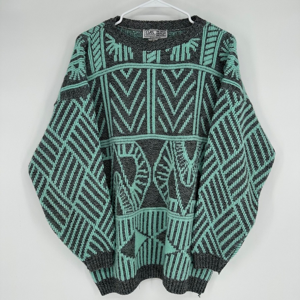 Vintage 80s 1988 GAS The Great American Sweater Co Teal Grey Geometric Knit OSFM
